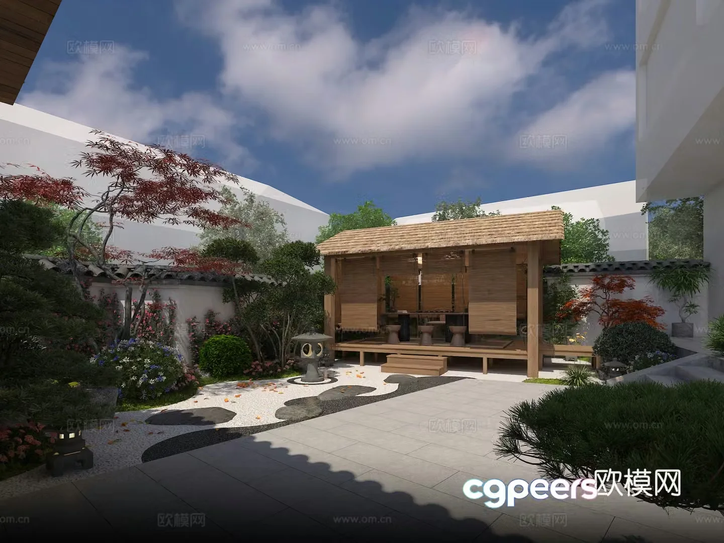 New Chinese-style landscape wooden house tea table 3D model