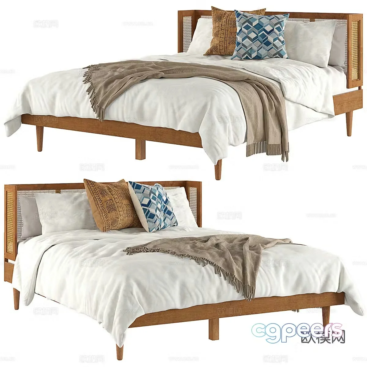 New Chinese style wasabi fabric double bed 3D model