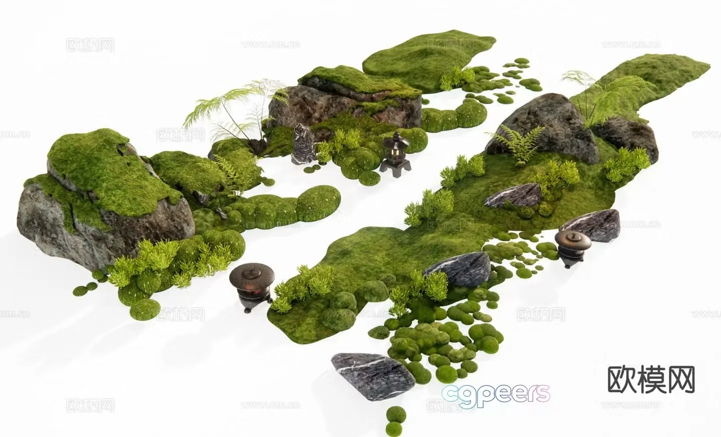Japanese micro terrain garden sketch moss stone 3d model