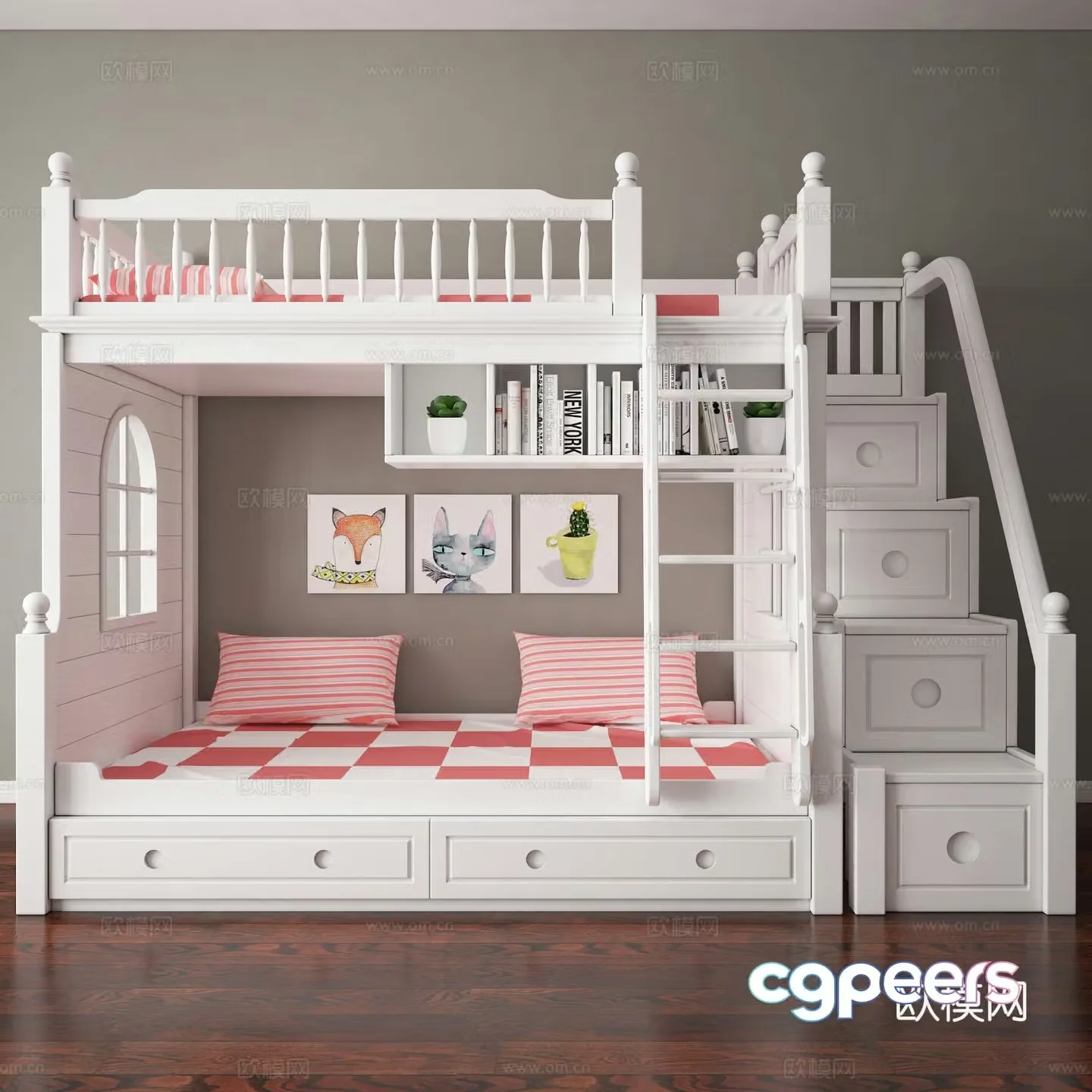 American solid wood bunk bed children’s bed children’s room pink bedroom children’s bed 3D model