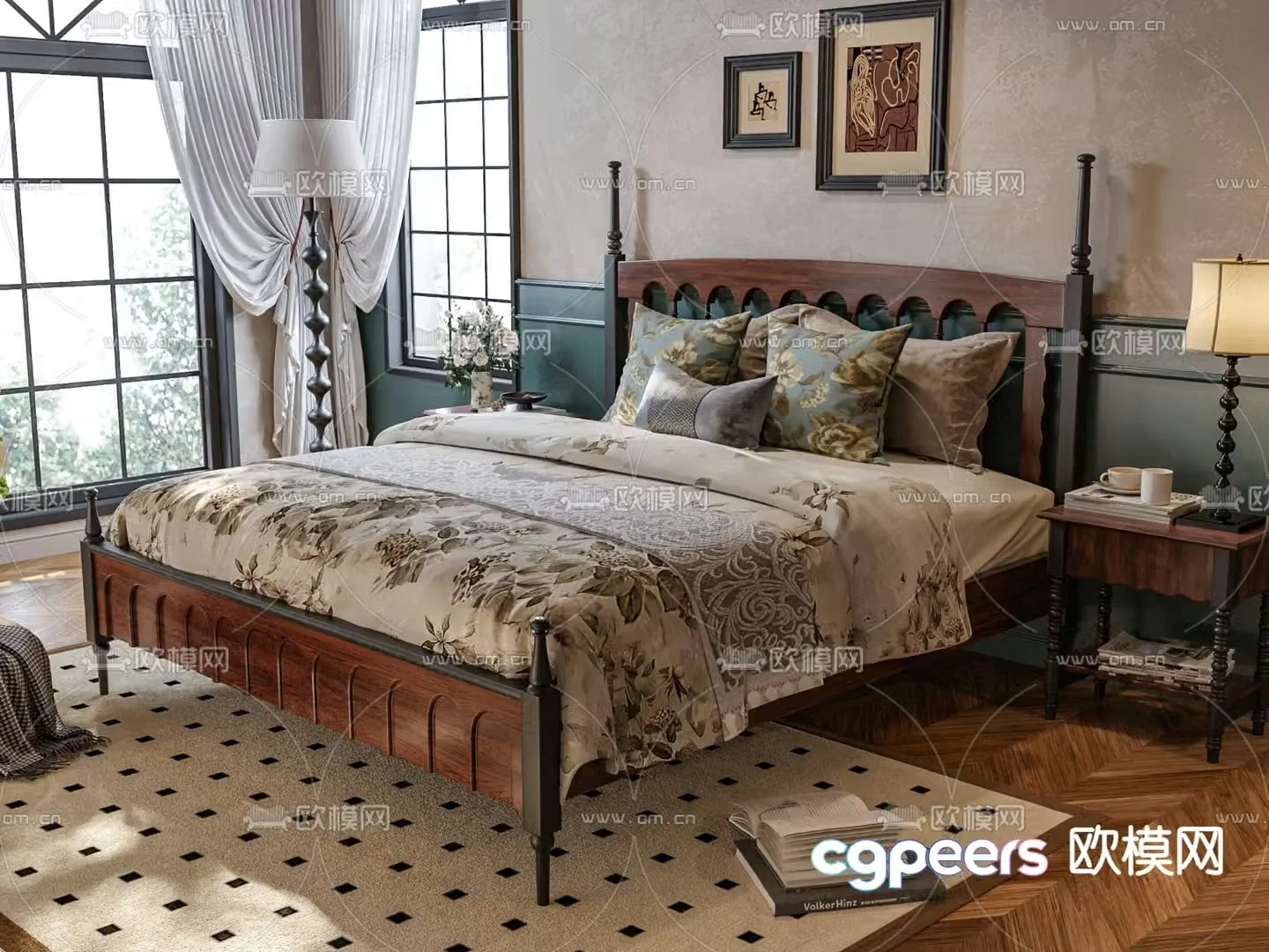 French double bed 3d model
