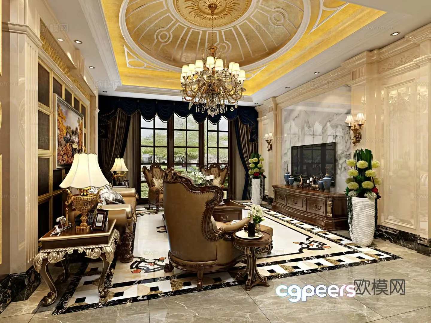 European classical living room sofa TV cabinet wine cabinet dining table chandelier curtains 3D model