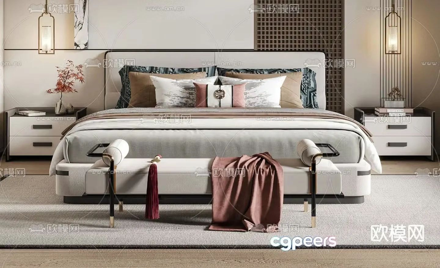 New Chinese style double bed 3d model