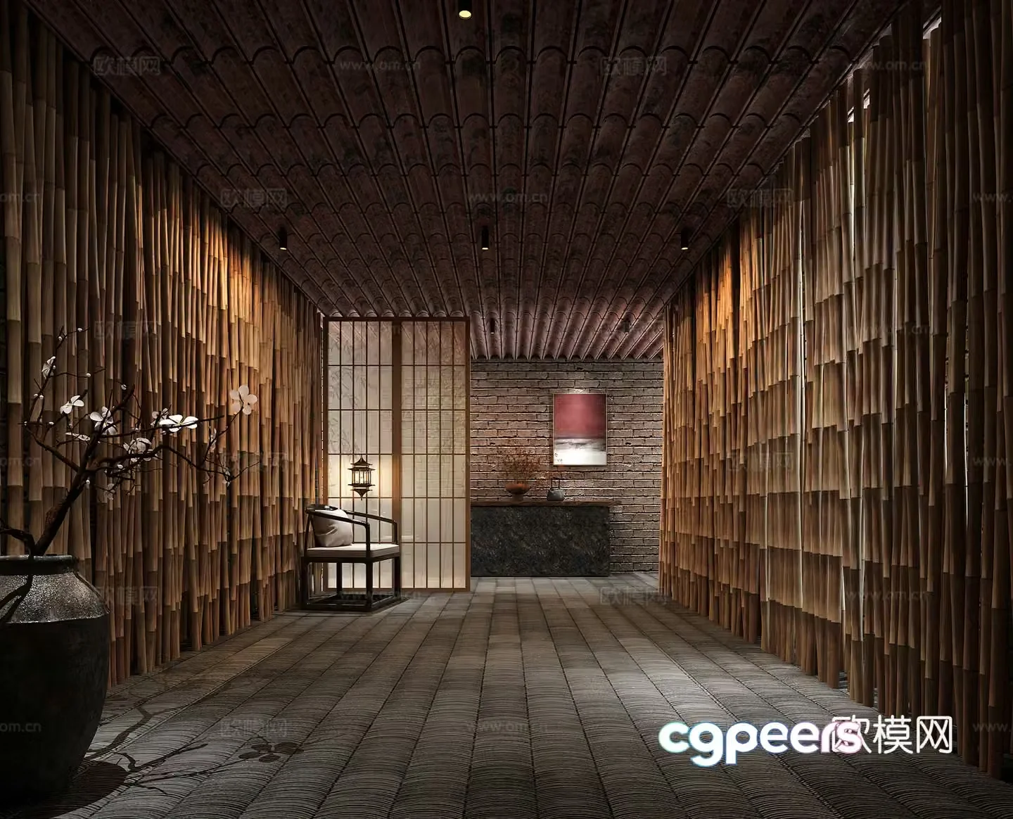 Wabi-sabi style exhibition hall reception area 3D model