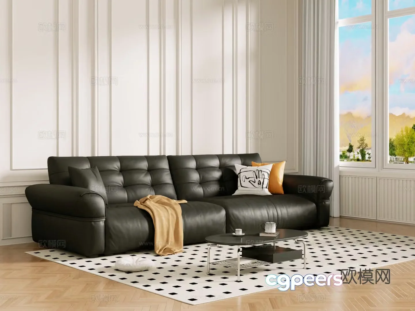 Middle-aged sofa combination coffee table carpet multi-person sofa 3D model