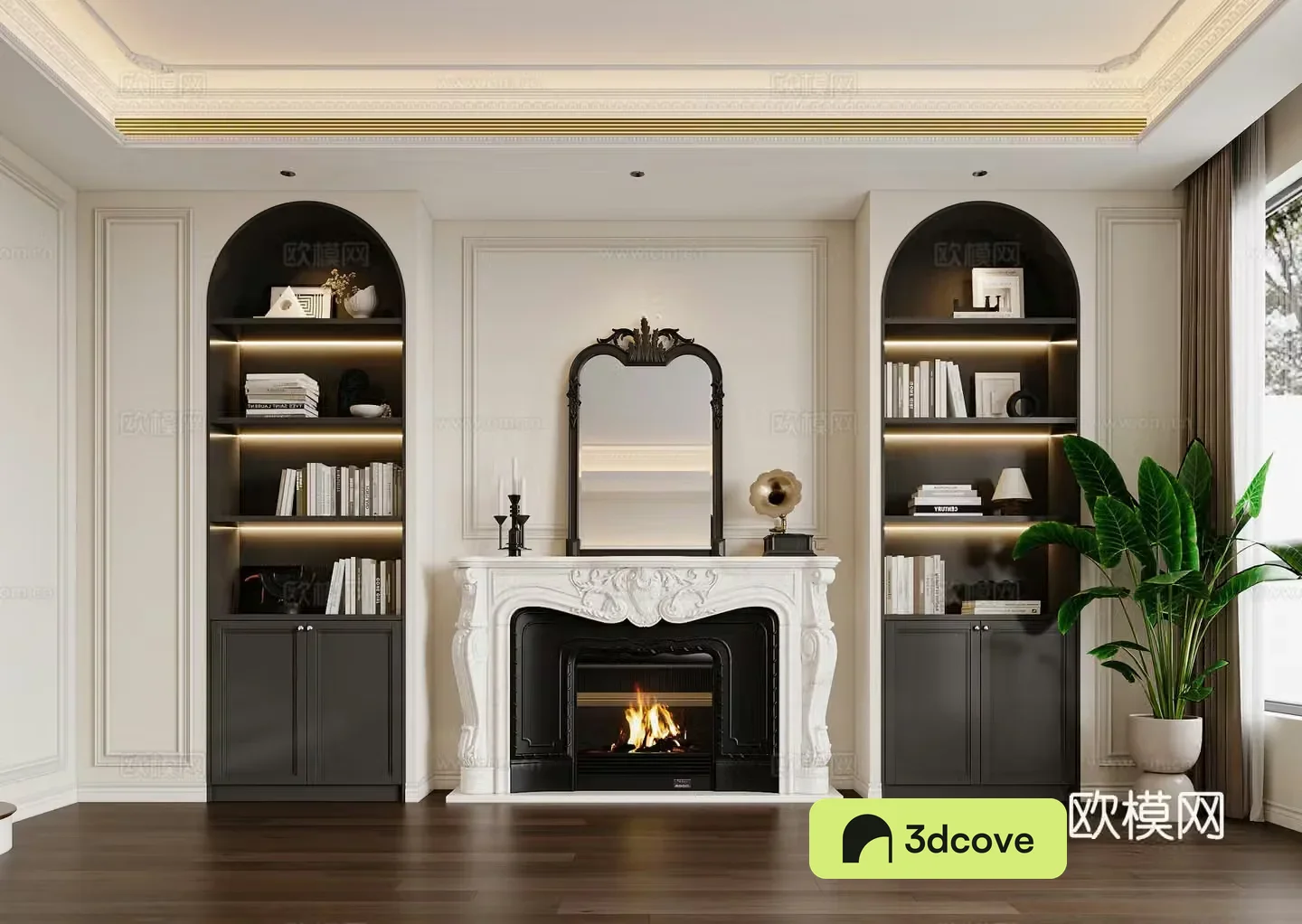 French background wall American background wall French arch shape background bookcase background fireplace