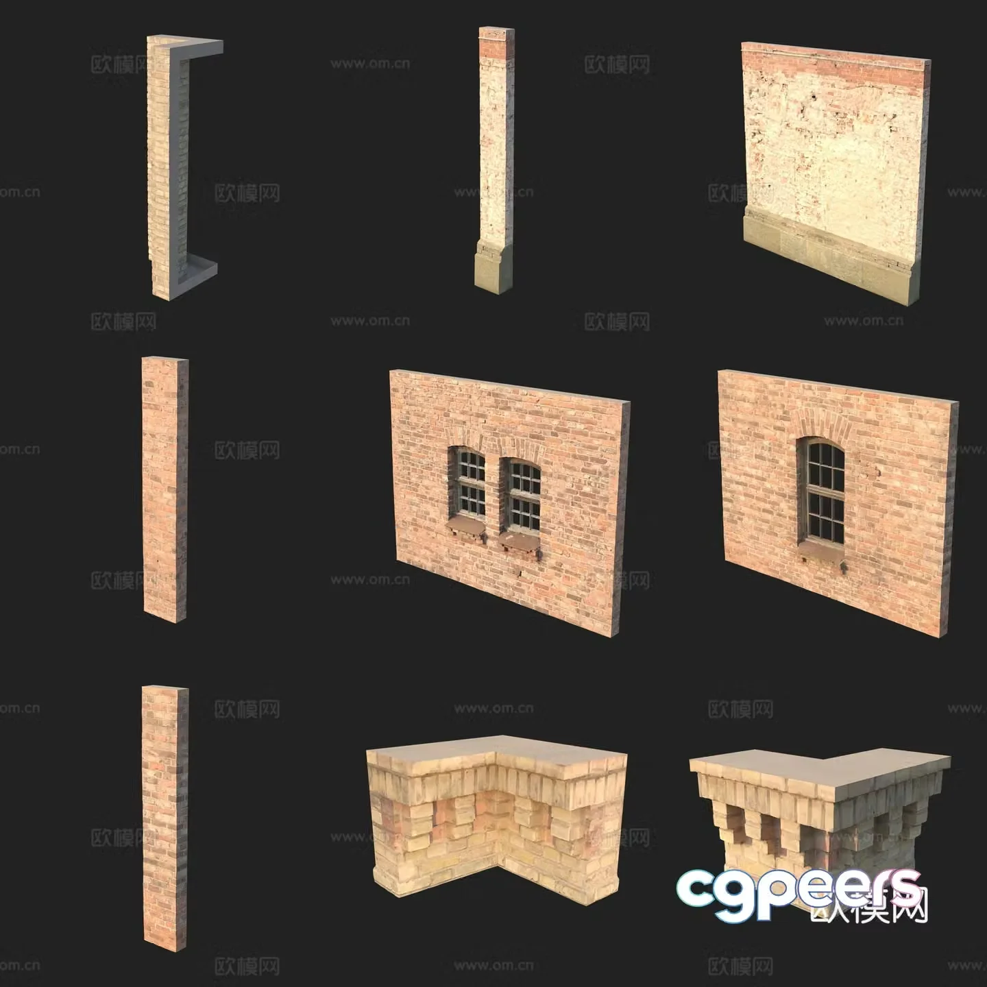 Doors and windows red brick wall column 3D model