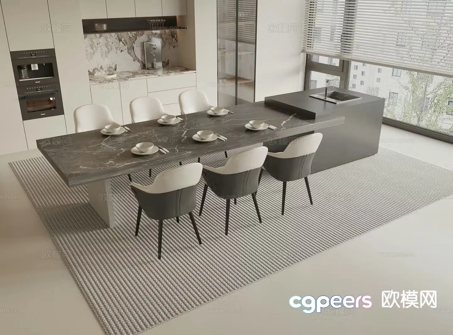 Modern island table dining table and chairs 3d model