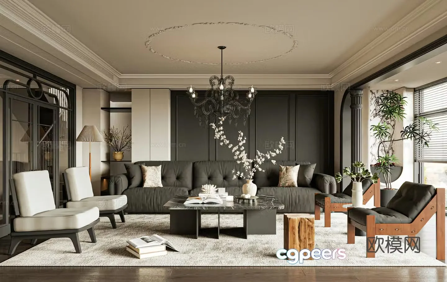 French living room sofa single chair coffee table 3d model