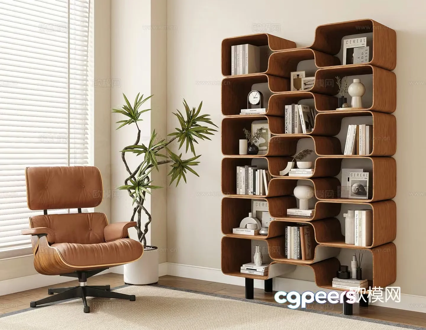 Modern leisure chair leather sofa chair floor-standing bookshelf potted plant 3D model
