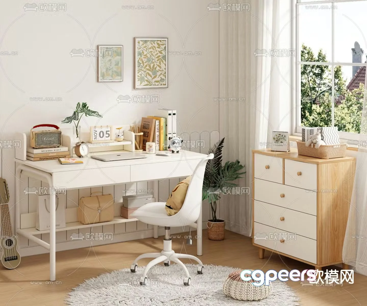 Cream style desk writing desk 3d model