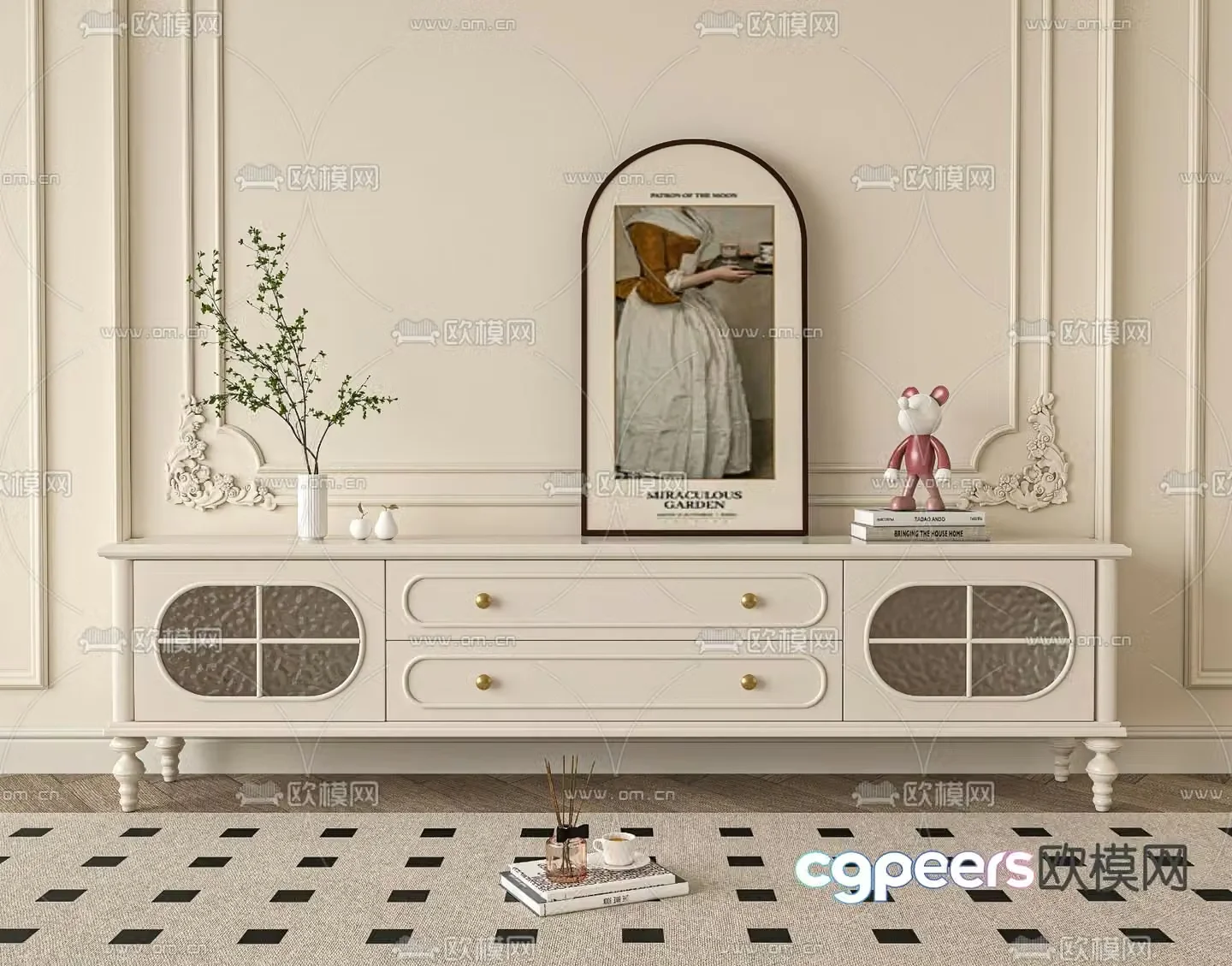 French TV cabinet Milk tea color TV cabinet Beige TV cabinet 3D model