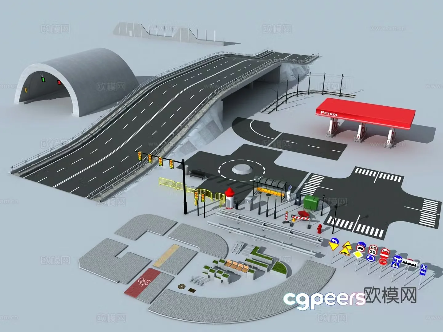 Postmodern culvert road gas station viaduct sidewalk highway highway 3d model