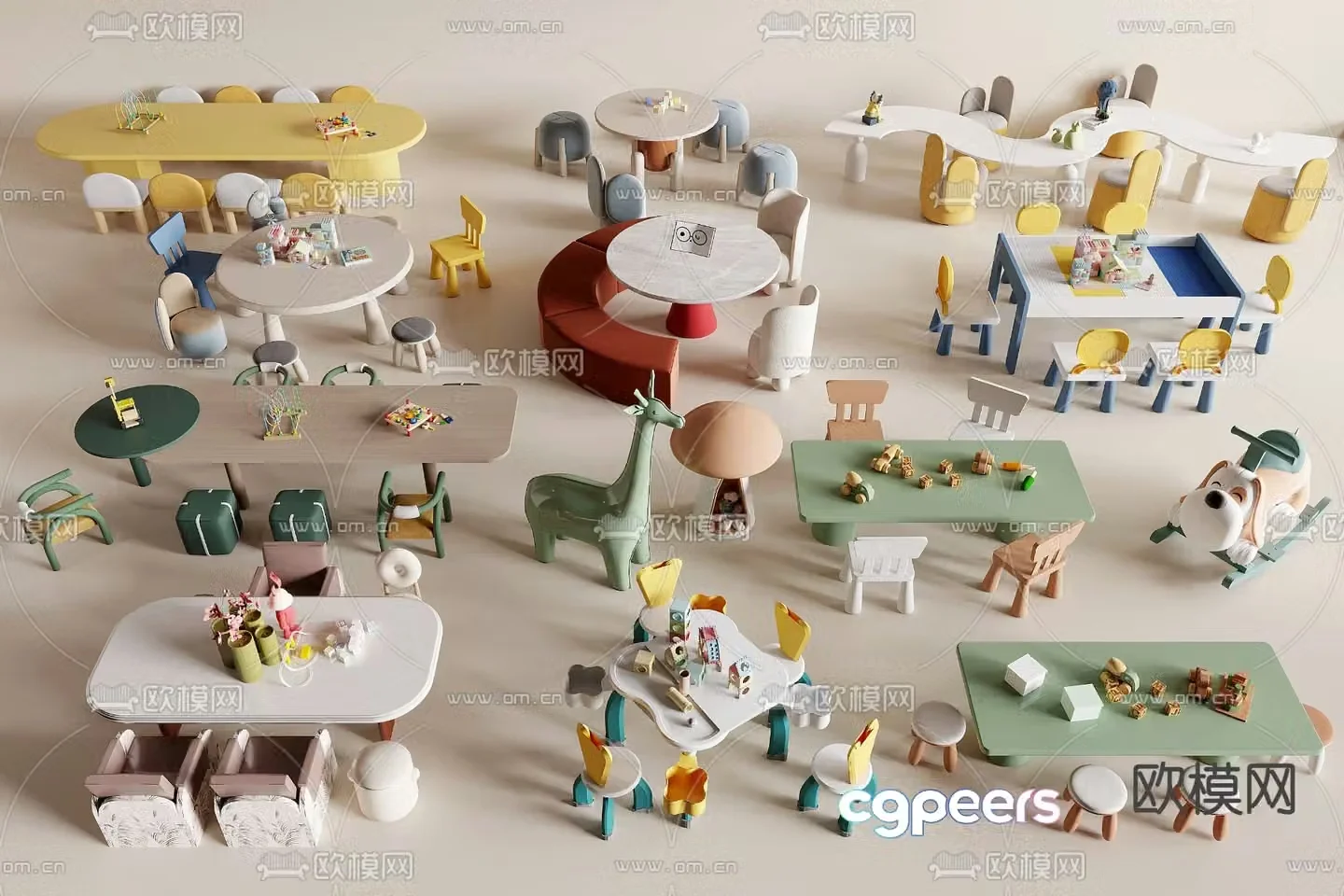Children’s tables and chairs Lego brick tables game tables and chairs 3D model