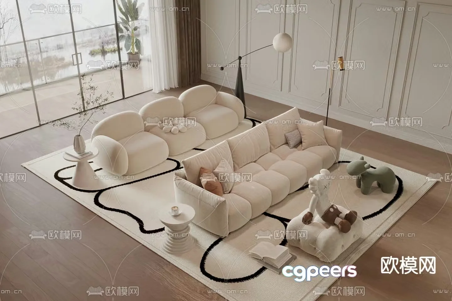 Cream style sofa multi-person sofa three-person sofa 3D model