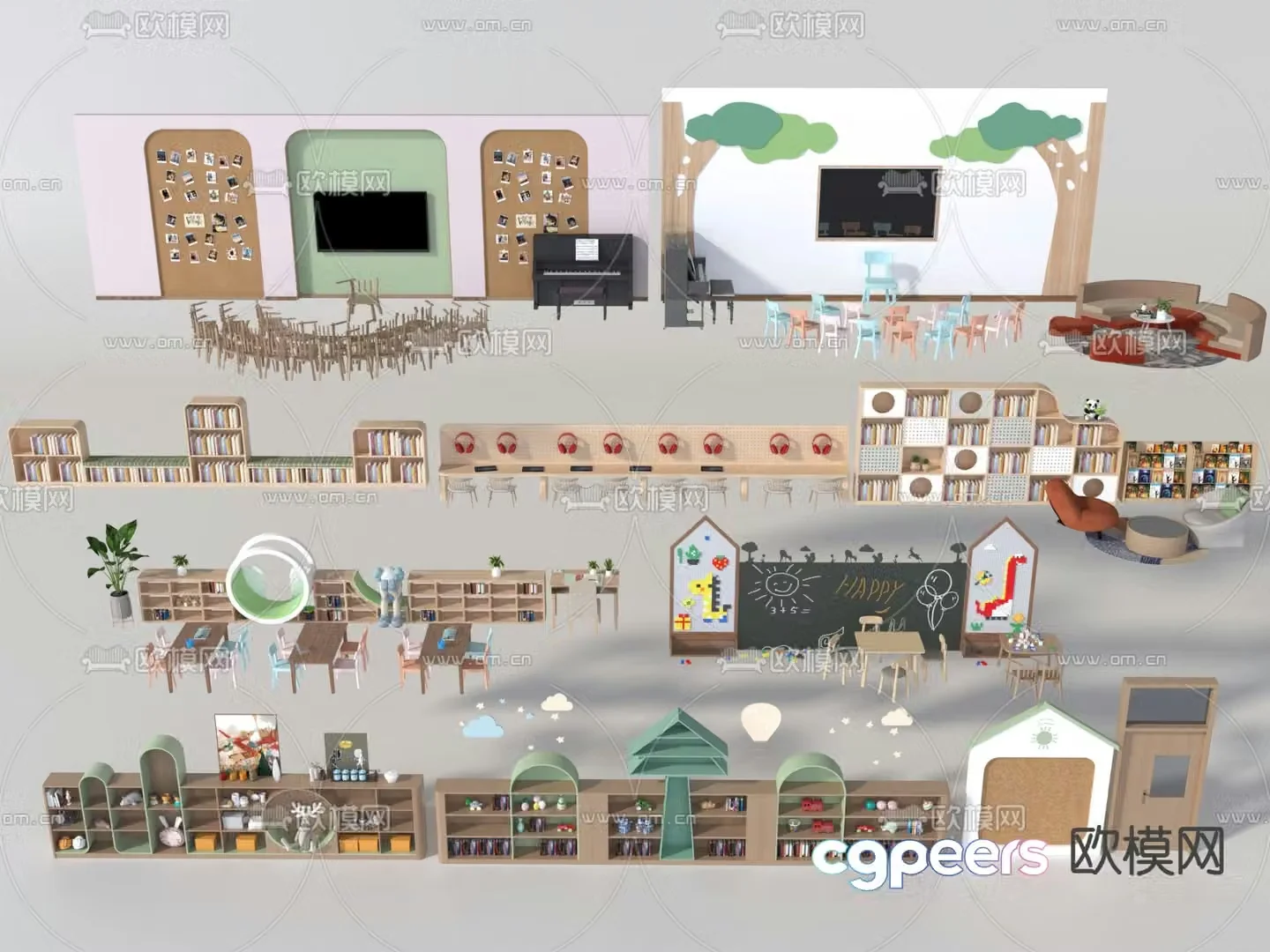 Kindergarten desks children’s tables and chairs TV wall modeling wall 3D model