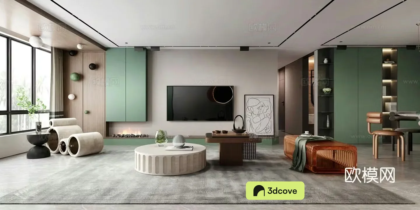 Modern living and dining room leisure chair lounge chair TV background wall coffee table light luxury fireplace