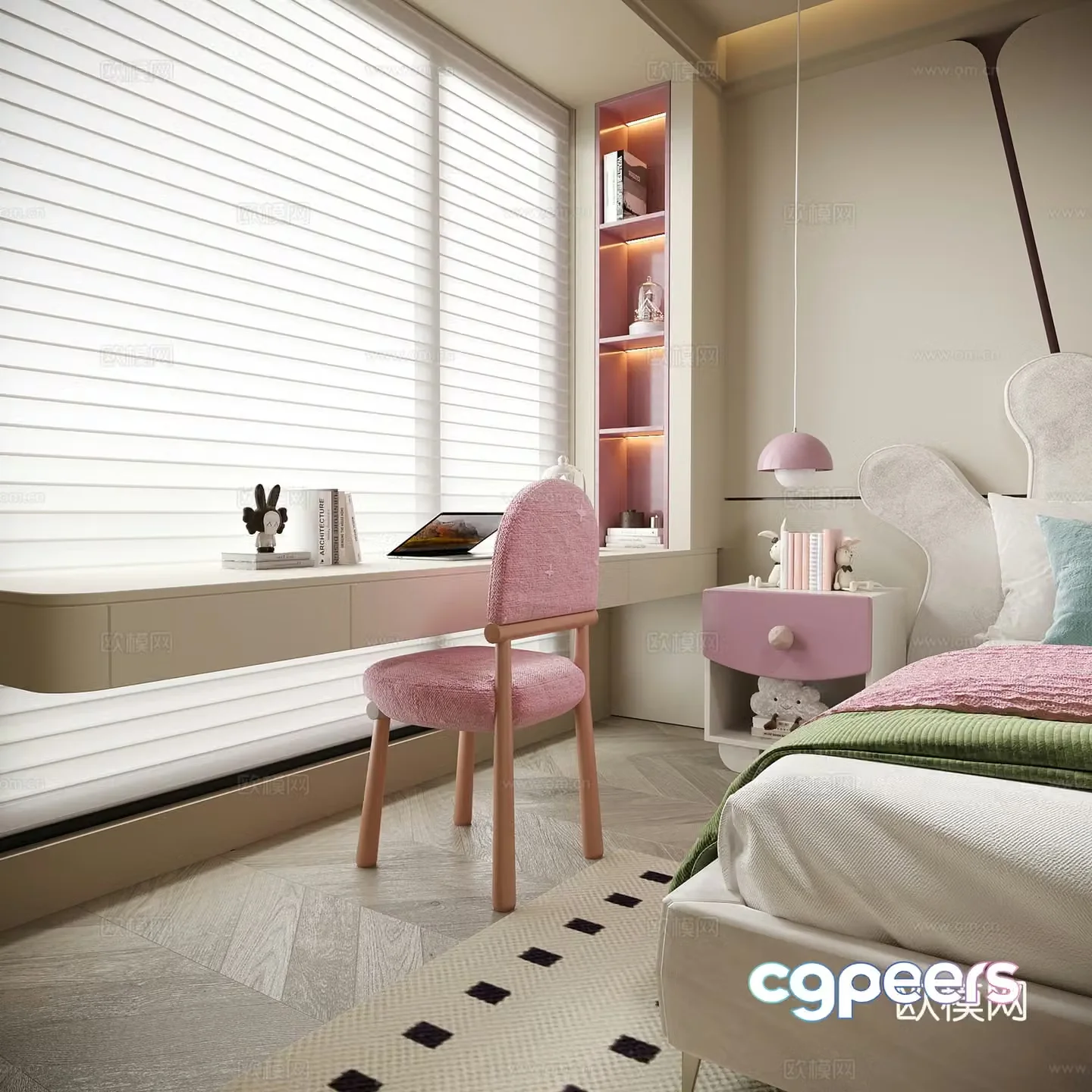 Modern children’s desk and chairs Bedroom desk and chairs Venetian blinds 3d model