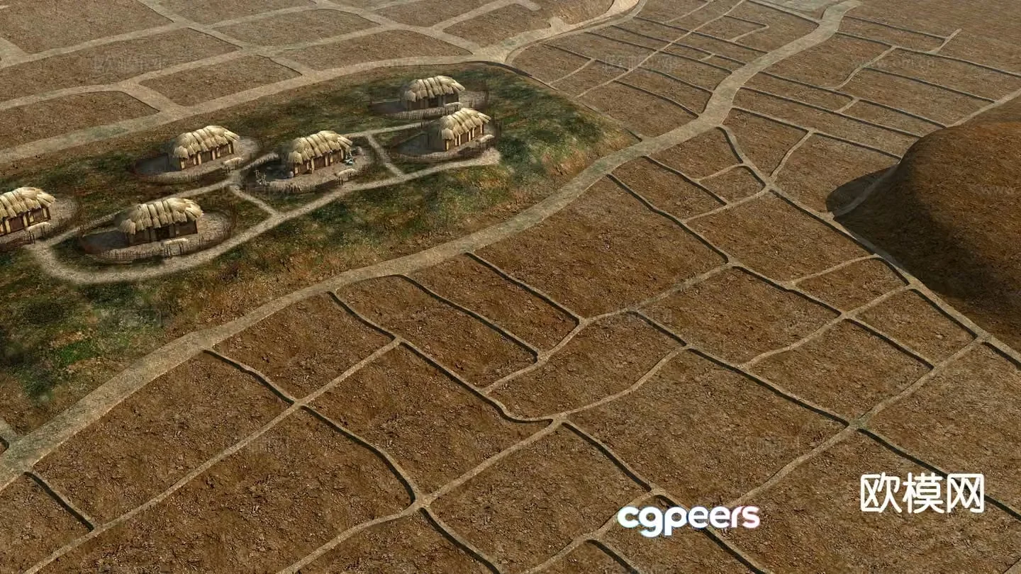 Chinese thatched house ancient building farmland landscape 3D model