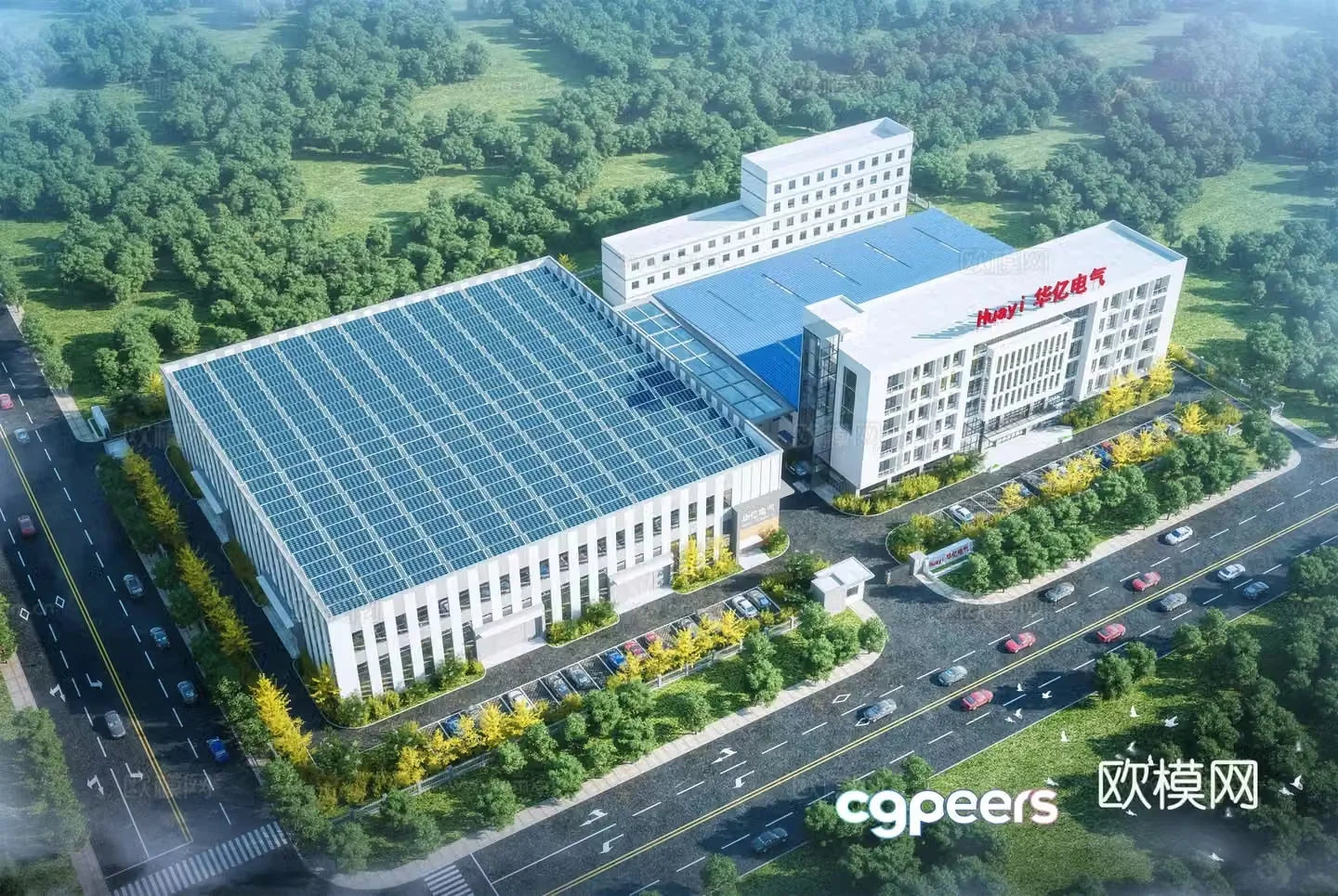 Aerial view 3d model of modern factory building