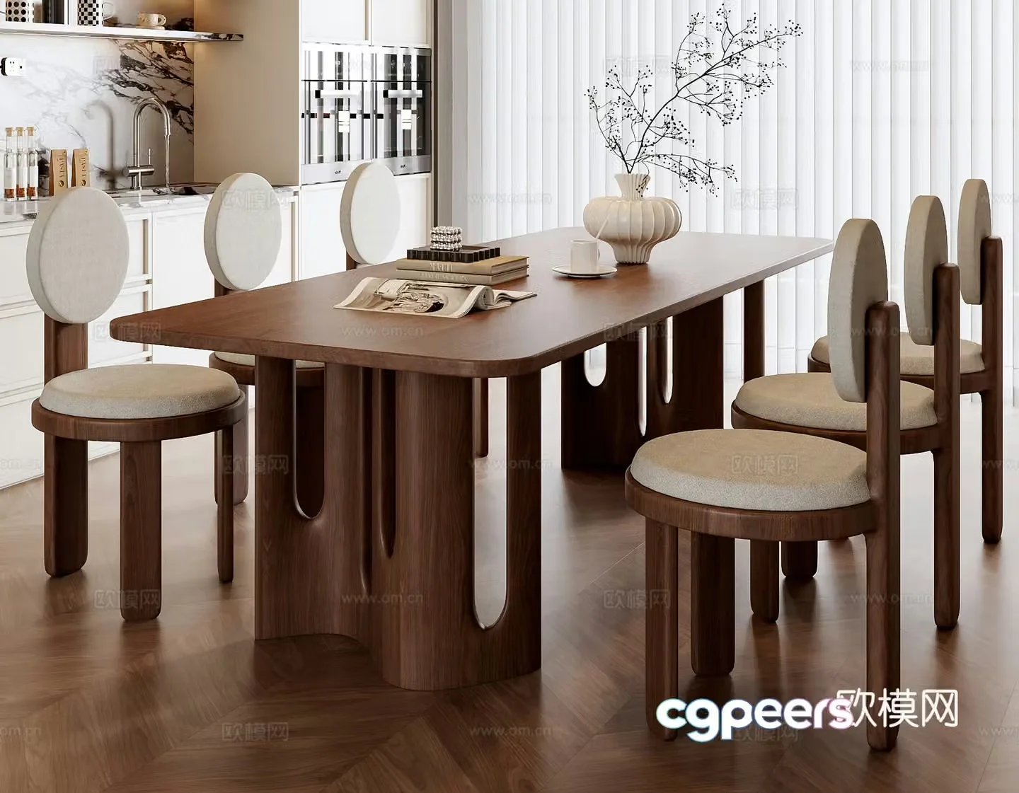 Medium style dining table and chair combination 3D model