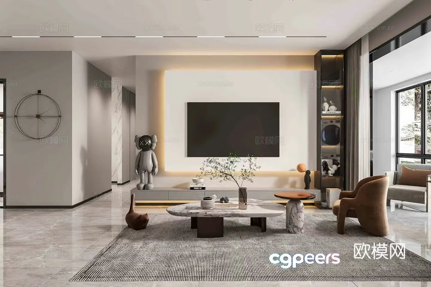 Modern TV background wall modern living room simple leisure chair ornament decoration living room 3d model