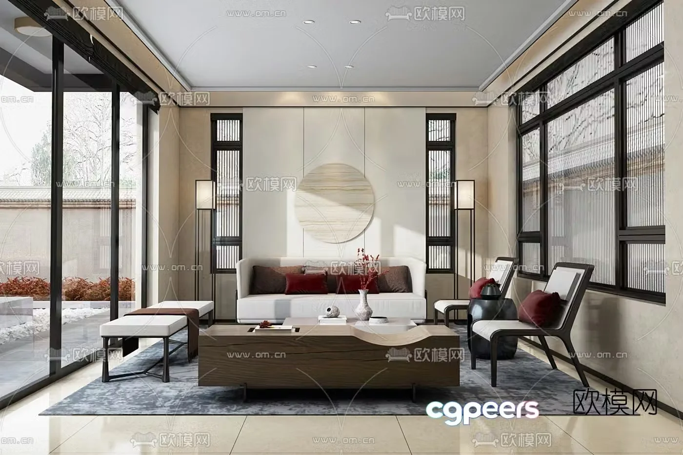 Yichao Design New Chinese Zen Fabric Sofa Combination 3D Model
