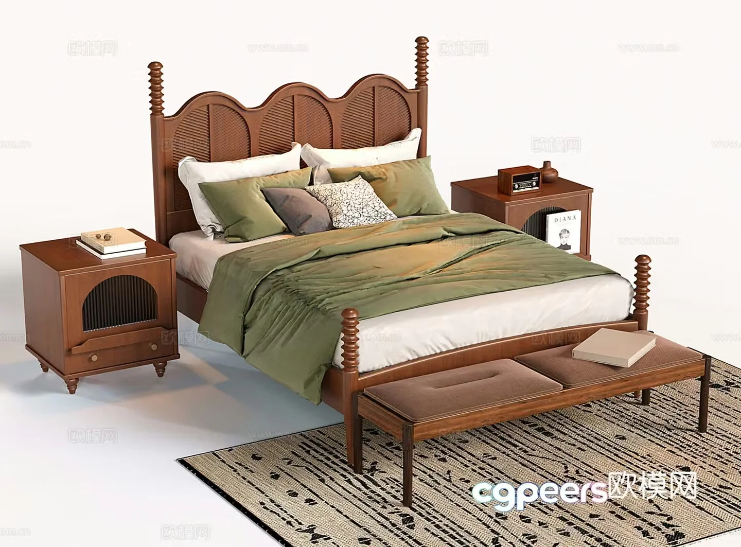 French double bed retro solid wood double bed bed nightstand bed tail stool 3D model