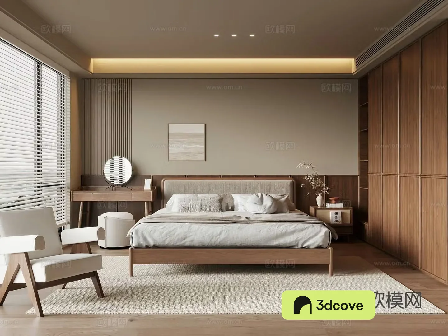 Middle style bedroom double bed wardrobe leisure chair 3d model