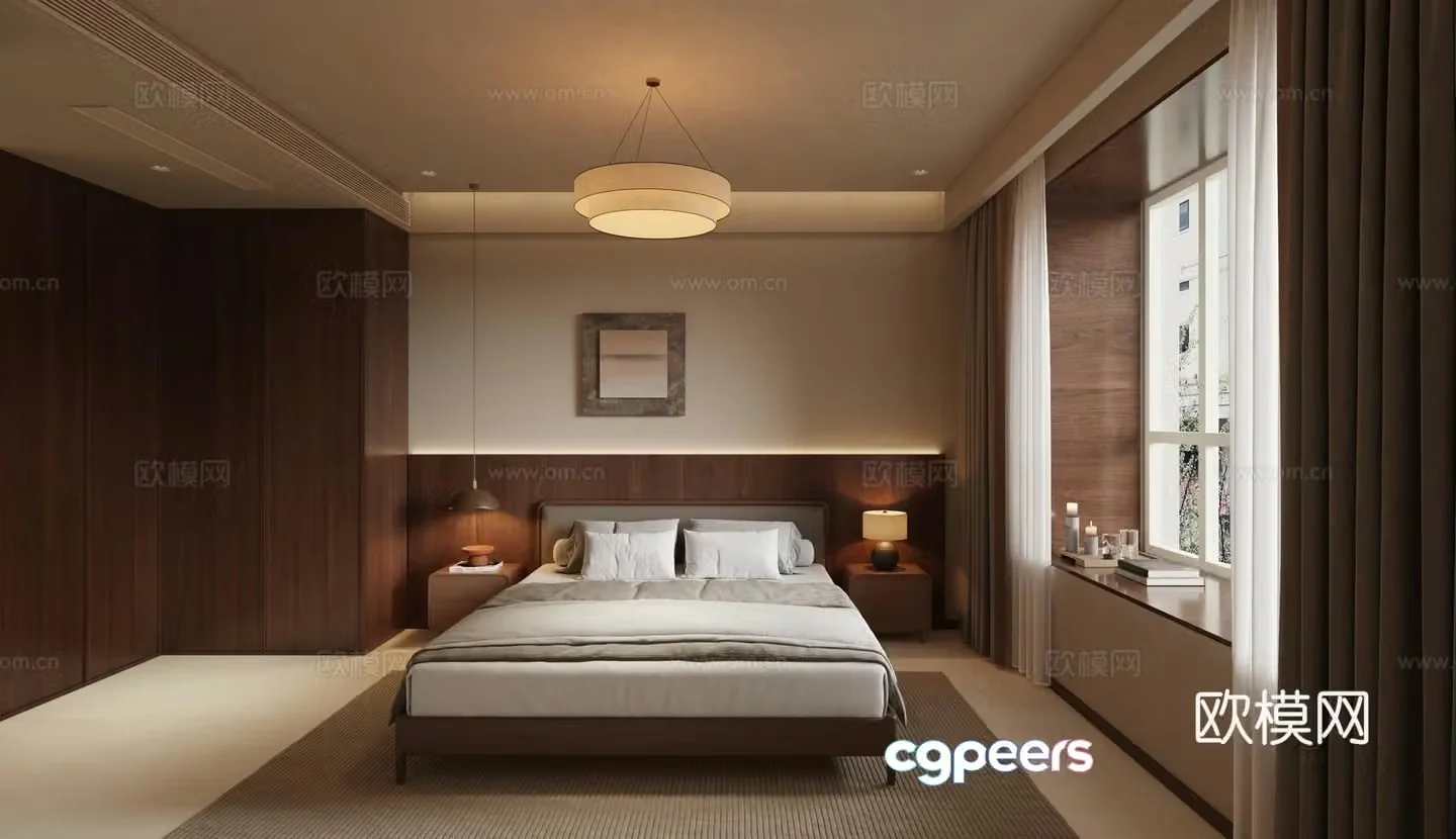 Minimalist new Chinese style master bedroom 3D model