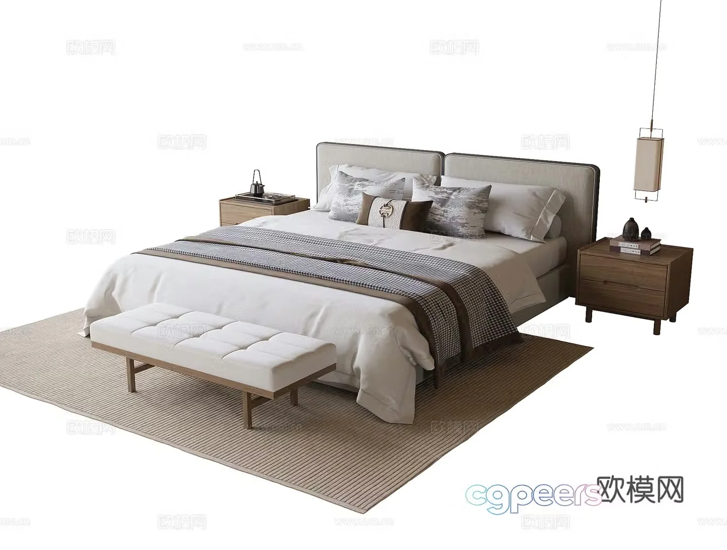 Modern double bed nightstand bed tail stool 3d model