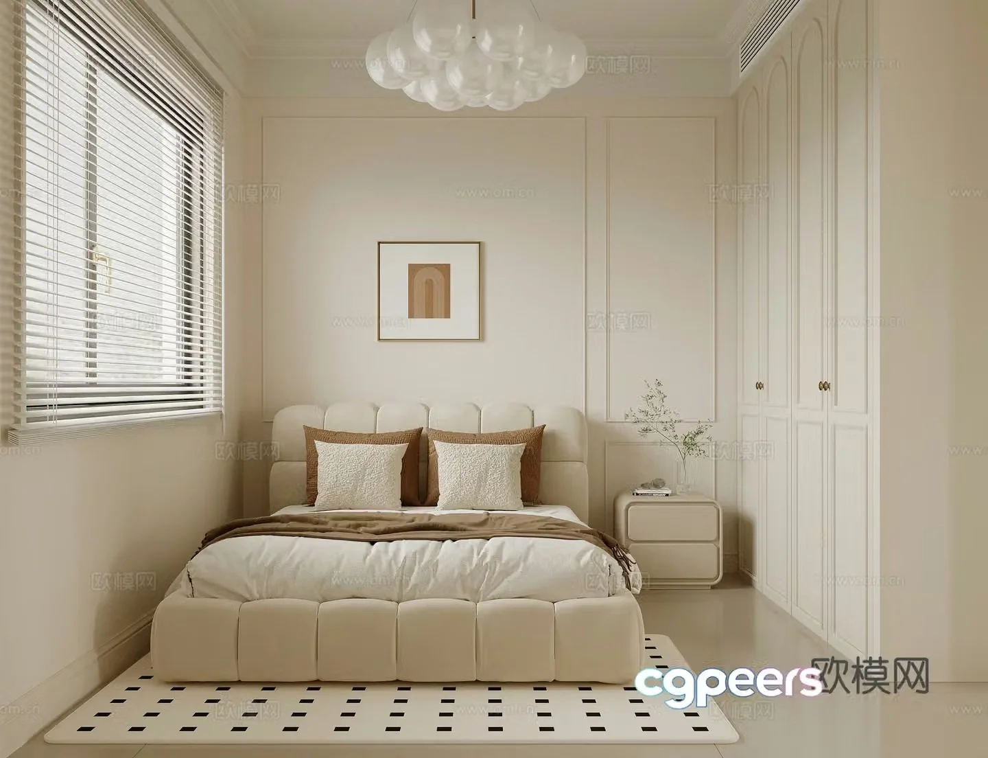 Home bedroom French creamy bedroom Double bed nightstand wardrobe 3d model