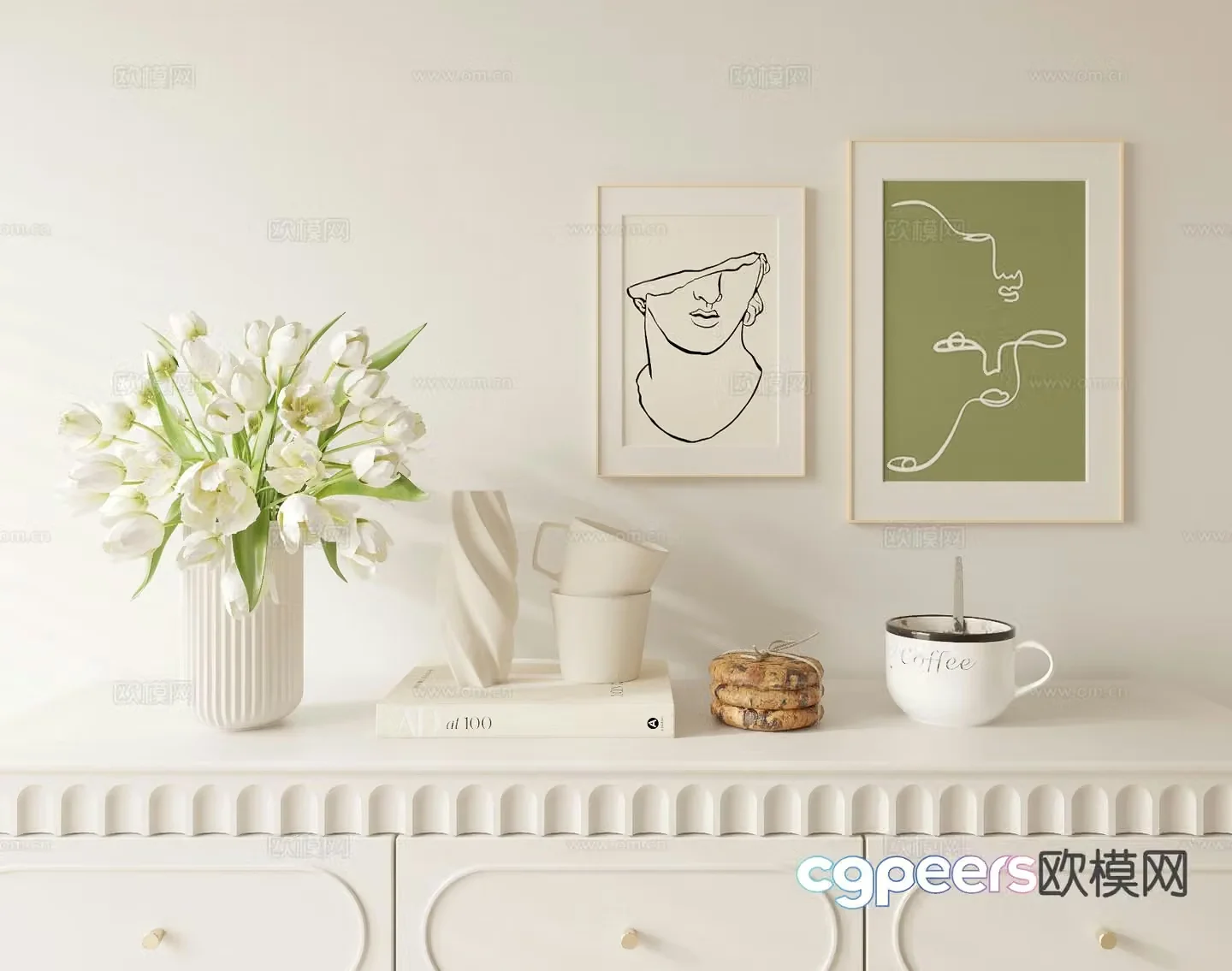 Cream style decorations ornaments vases books 3d model