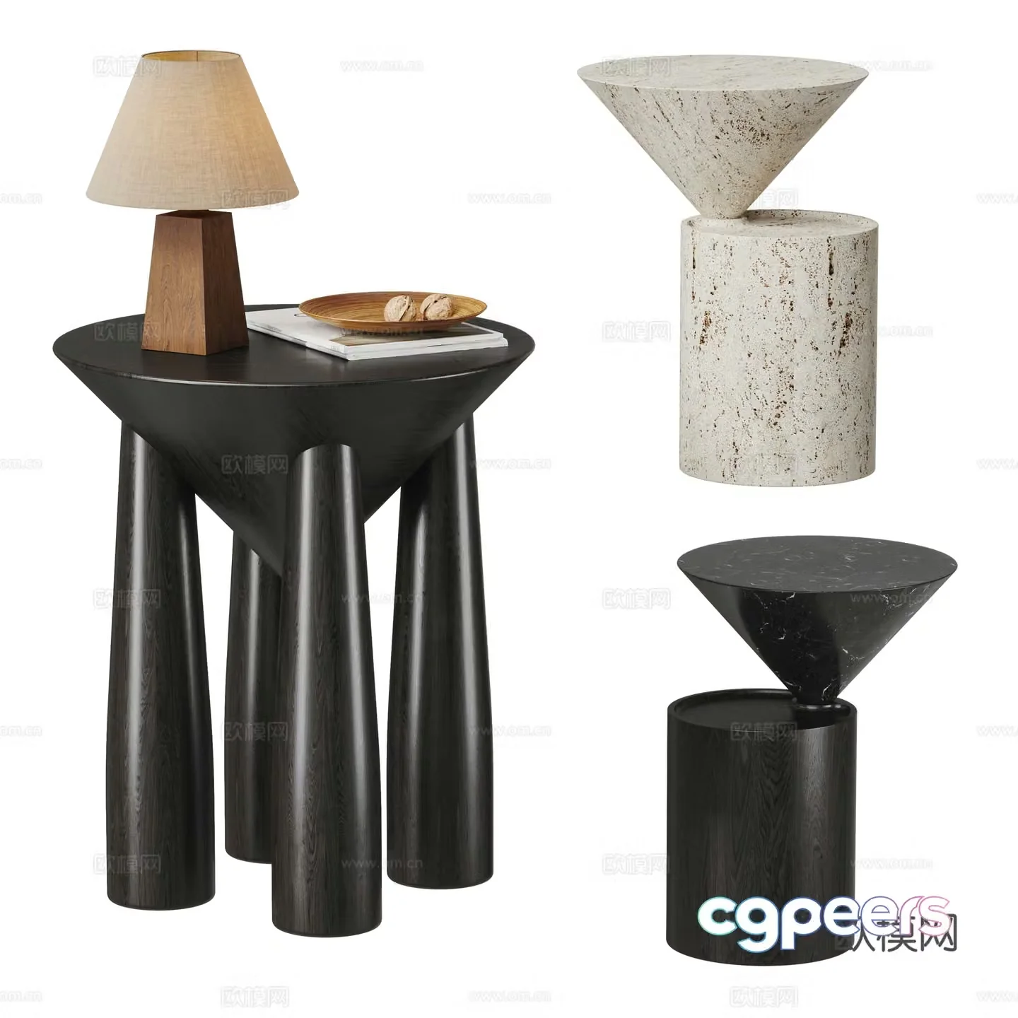 Modern side combination Solid wood stool Solid wood side table Stone side table Round side table 3D model