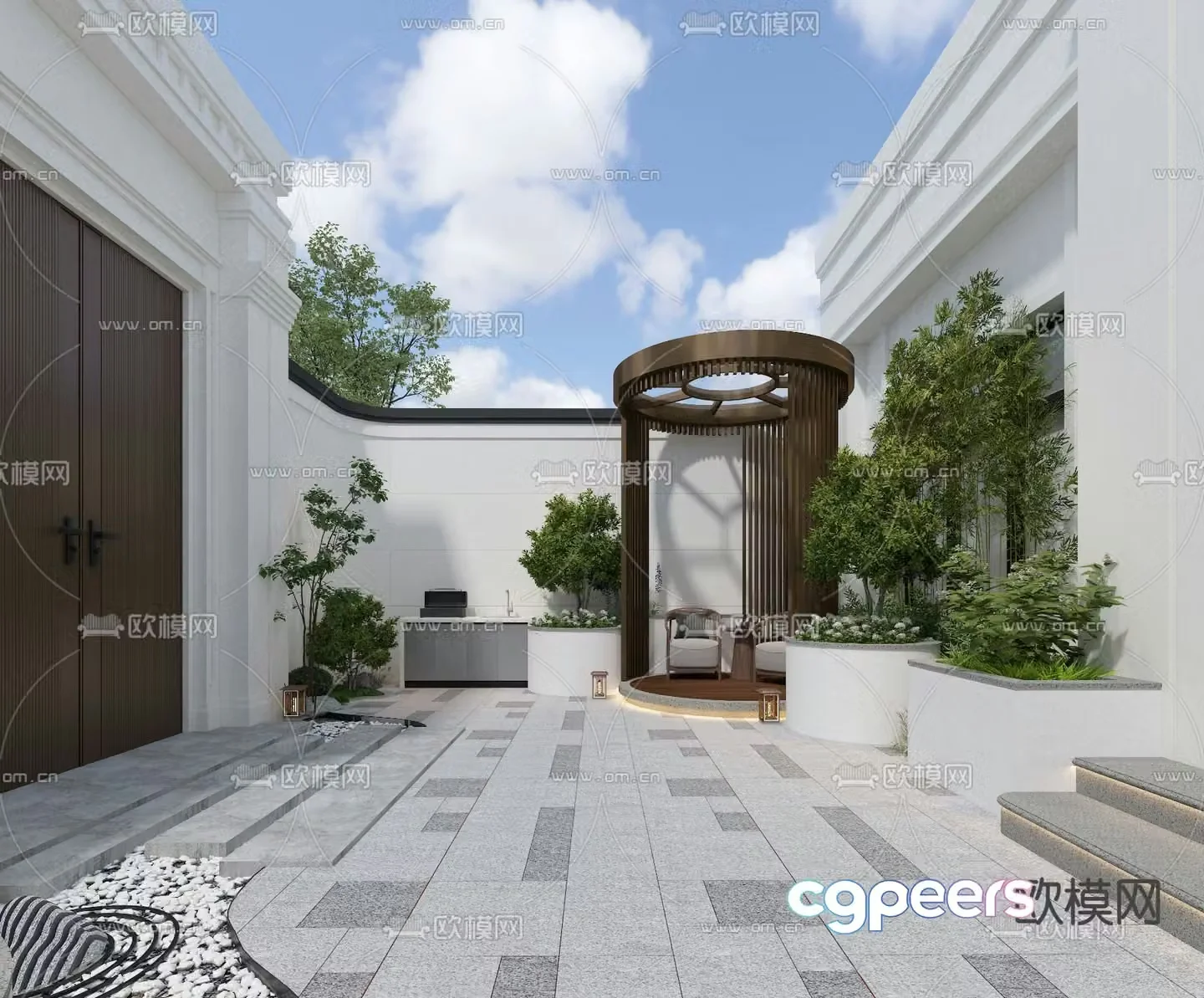 Villa new Chinese style courtyard garden water feature 3D model