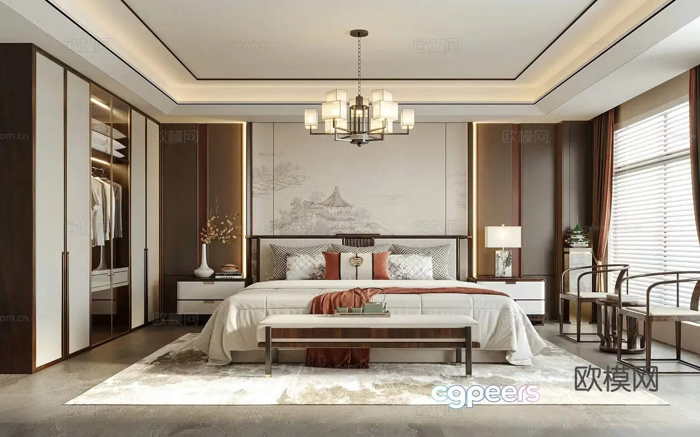 New Chinese style bedroom double bed bed tail stool bedside table bedroom chandeliers desk lamp 3d model