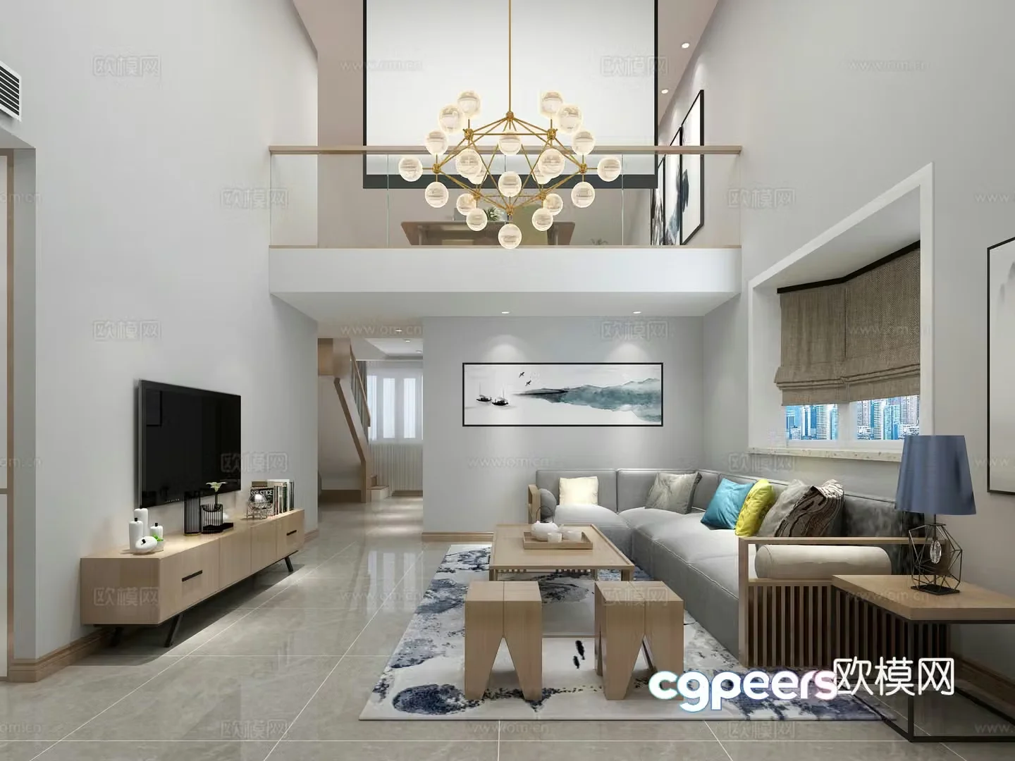 Modern living and dining room sofa decorative painting chandelier TV cabinet dining table cabinet desk 3d model