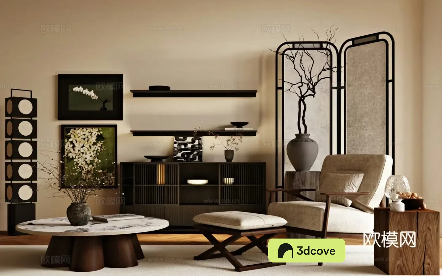 Medium style leisure chair screen side cabinet coffee table 3D model