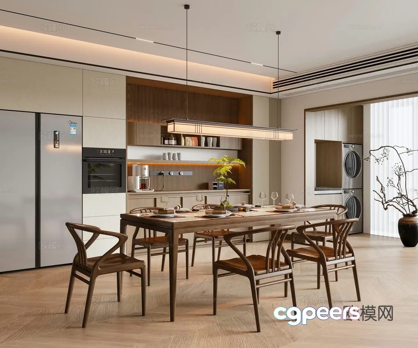 New Chinese Song style restaurant dining table and chair chandeliers sideboard wine cabinet 3D model