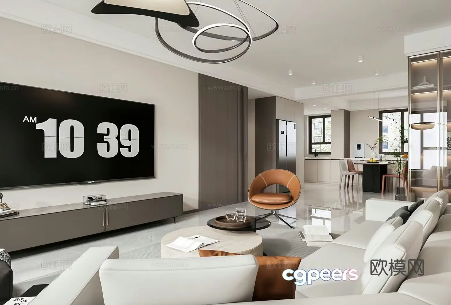 Modern living and dining room open kitchen 3d model