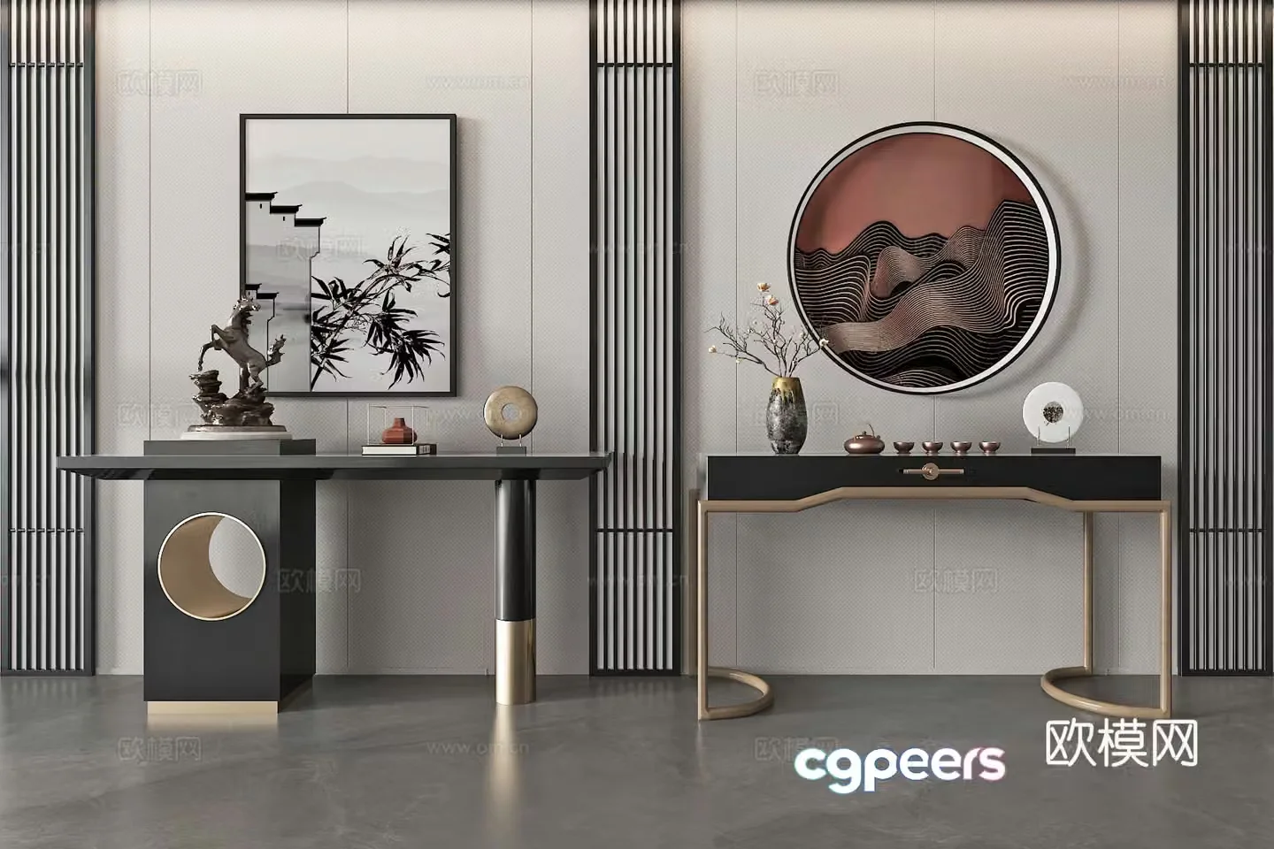 New Chinese style entrance case end viewing platform 3D model