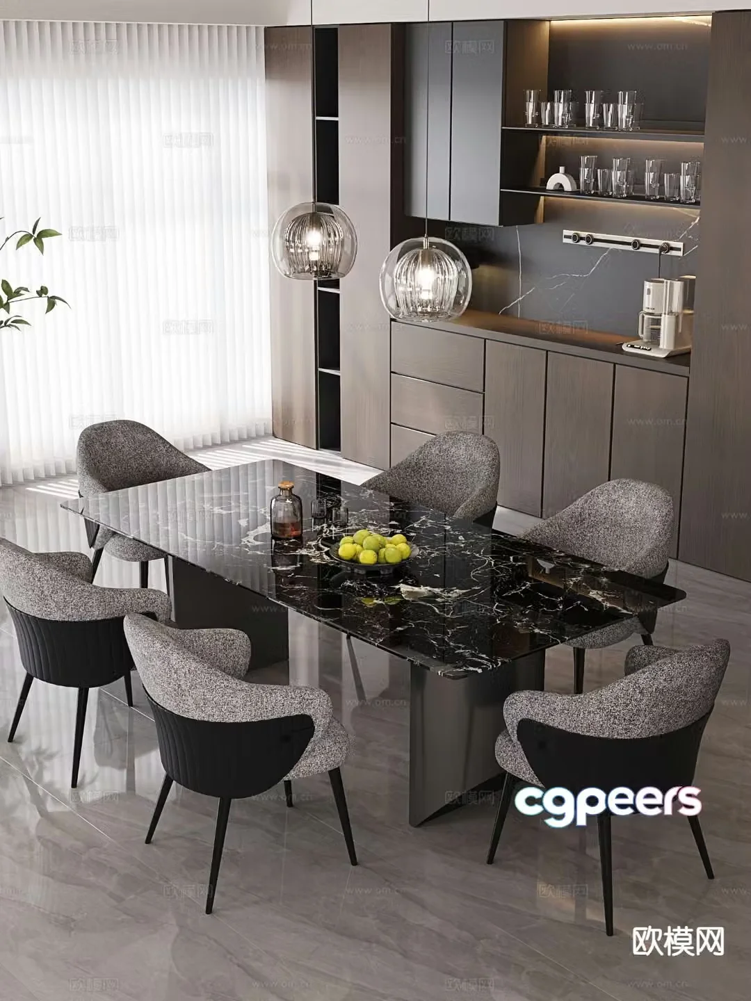 Modern long dining table and chairs 3d model
