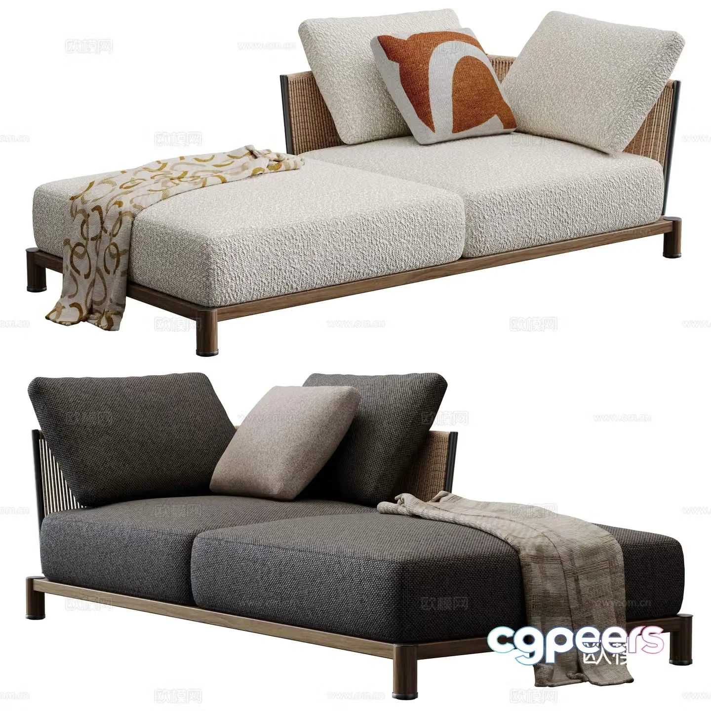 New Chinese rattan fabric chaise longue 3D model