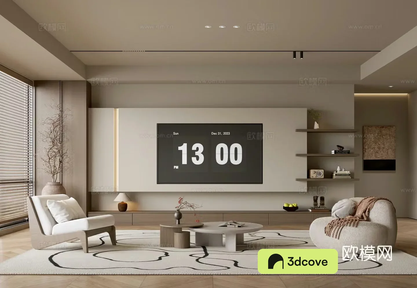 The ancient TV background wall of the TV cabinet and the background wall of the modern Wasabi style living room The ancient style 3D model