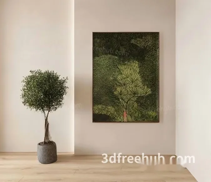 A Framed Painting Of A Tree In A Room With A Plant 3D Model – 18835 – VRAY Render