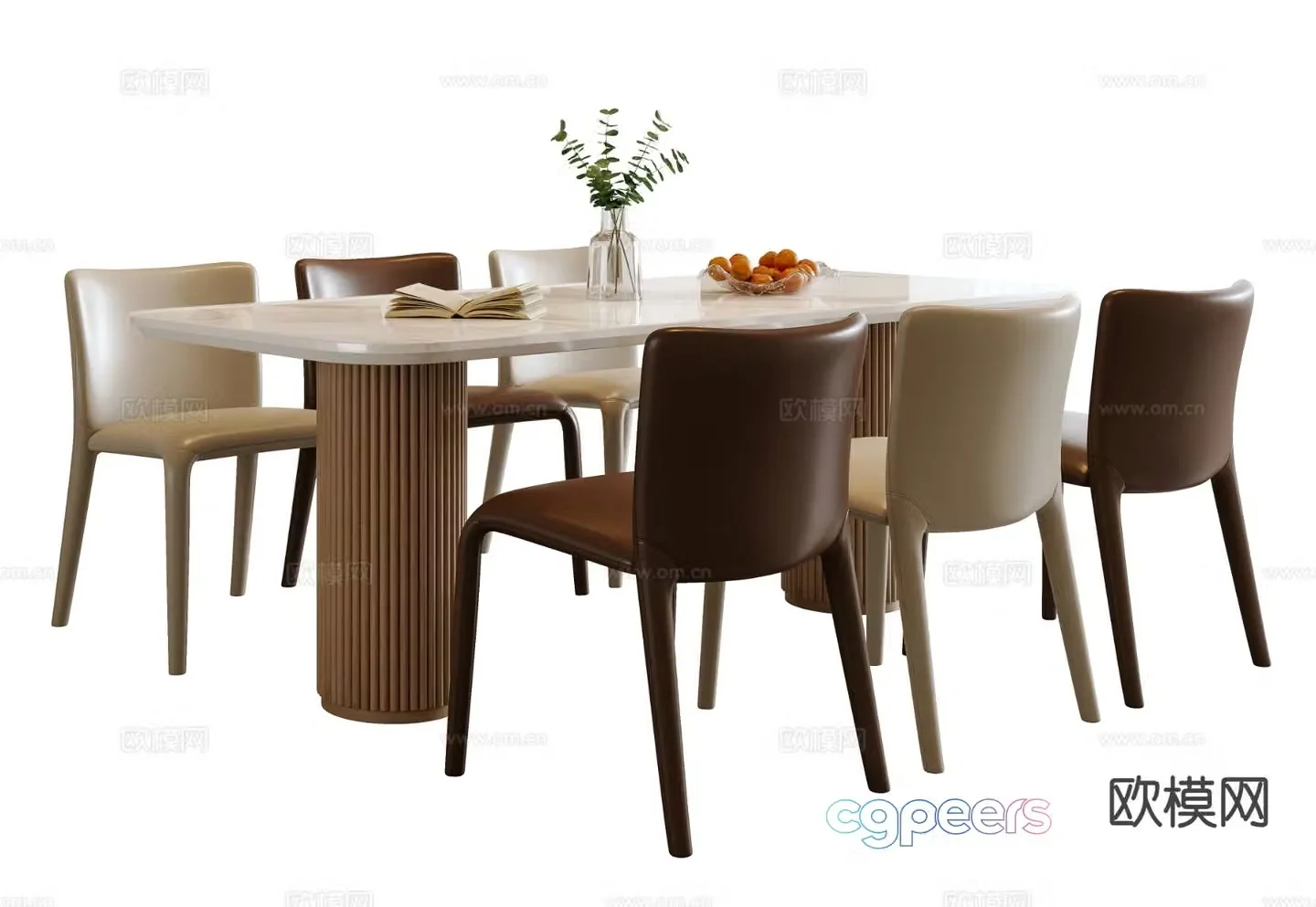 Modern long dining table and chairs 3d model