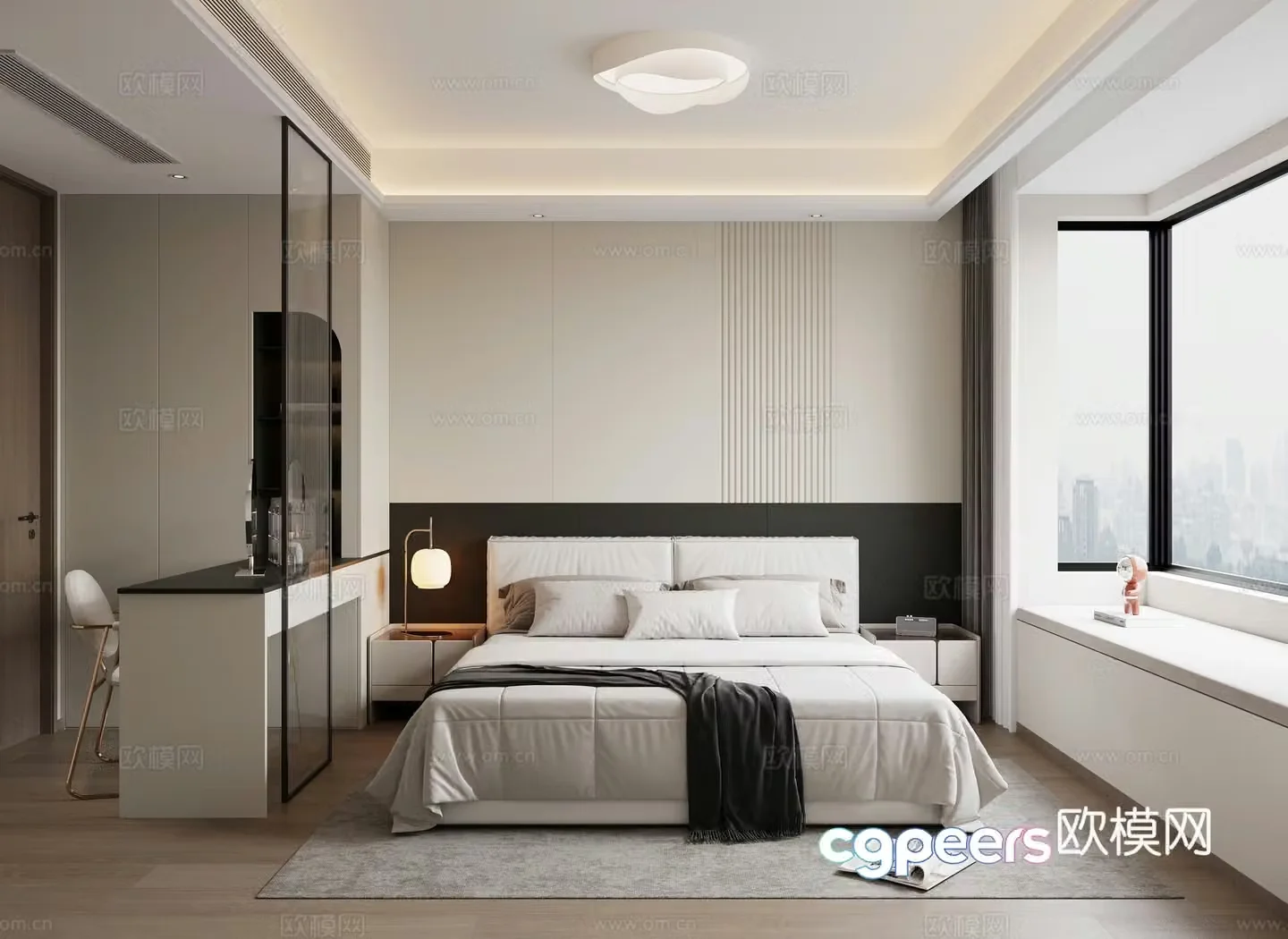 Modern black white and gray bedroom 3d model