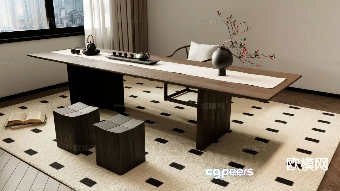 New Chinese tea table and chairs 3d model