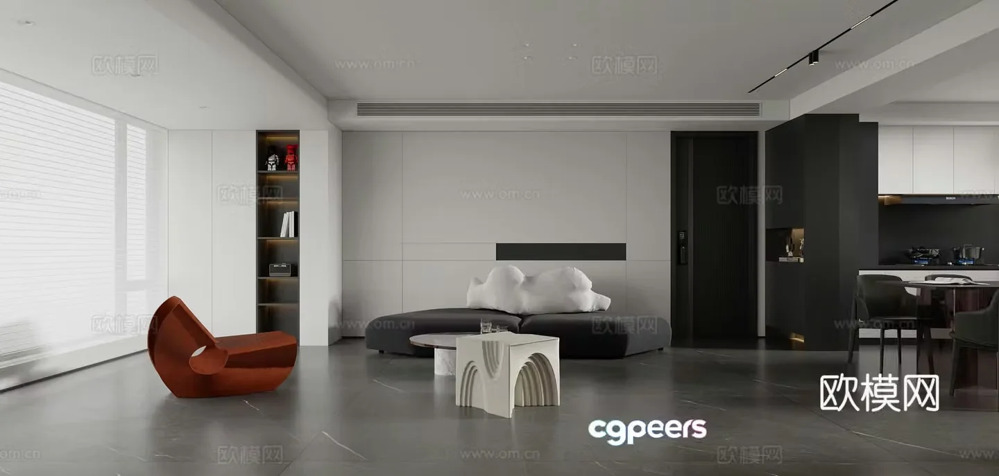Modern minimalist living and dining room 3D model