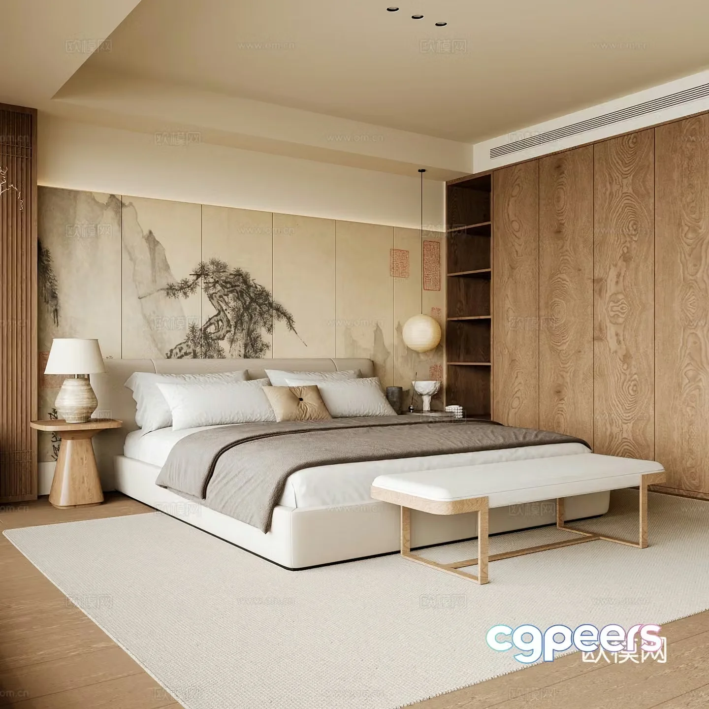 New Chinese style home bedroom Song family aesthetic bedroom Song style bedroom New Chinese style double bed New Chinese 3D model